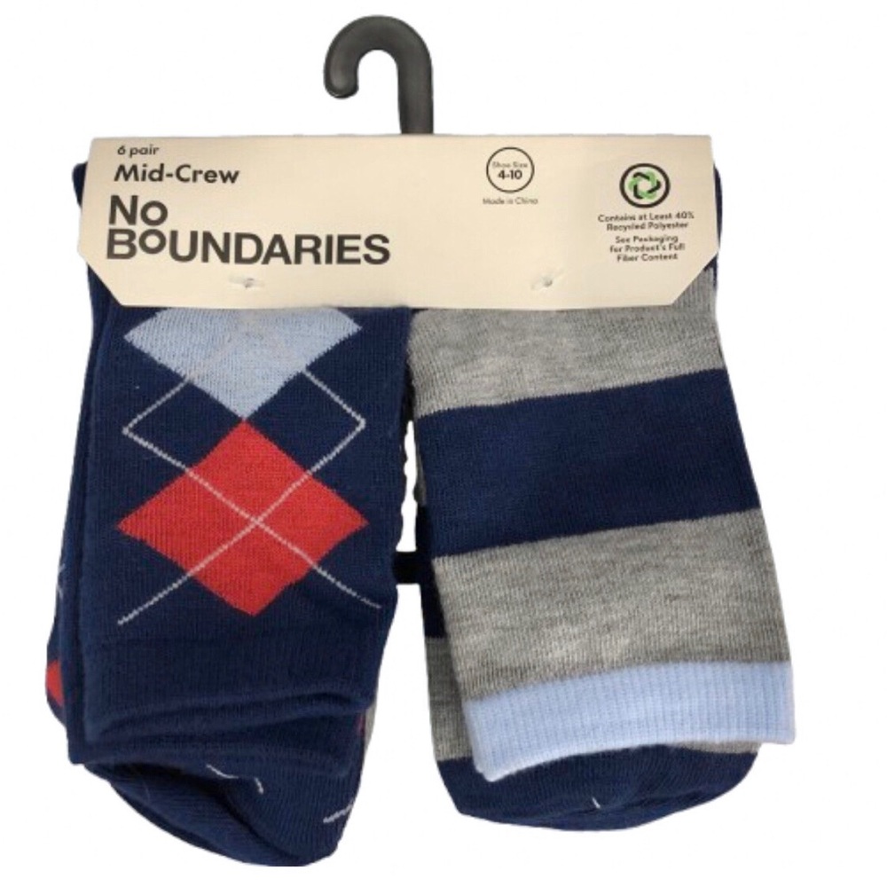 🔥$8🔥NEW Ribbed Mid Crew Socks, 6-Pack Shoe Sizes 4-10 Blue Argyle Women's